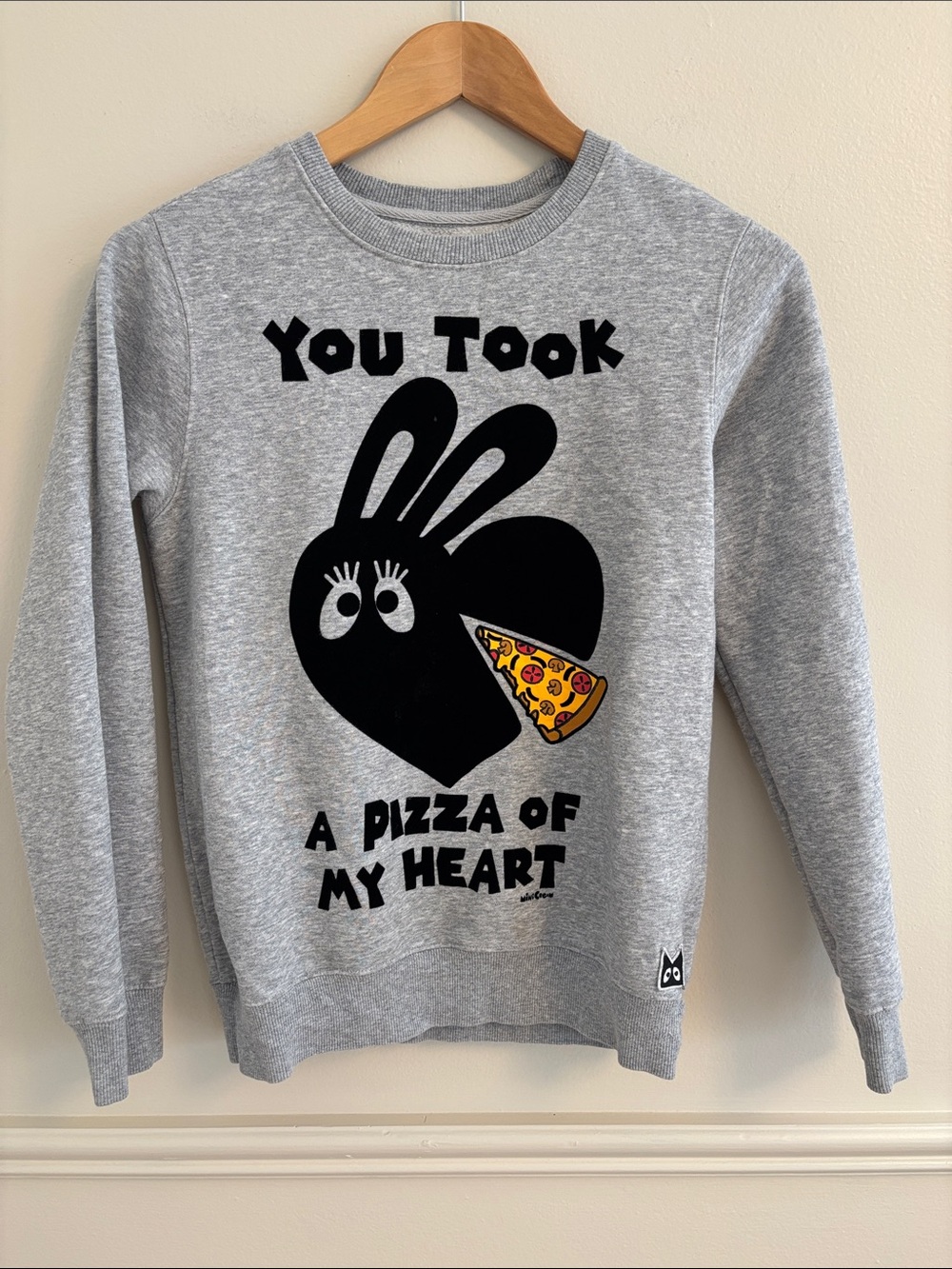 Mini Cream Gray Crewneck with flocked Heart Bunny & Pizza Slice Graphic